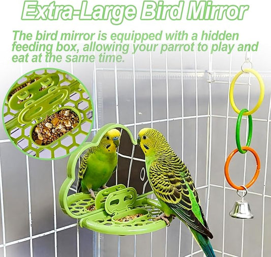 Bird Mirror with Perch,Interactive Birds Toys Slow Feeder for Alleviate Boredom,Parrot Mirror Bird Cage Accessories for Parakeet,Cockatiel, Conure, Lovebird, Finch, Canary,Budgie