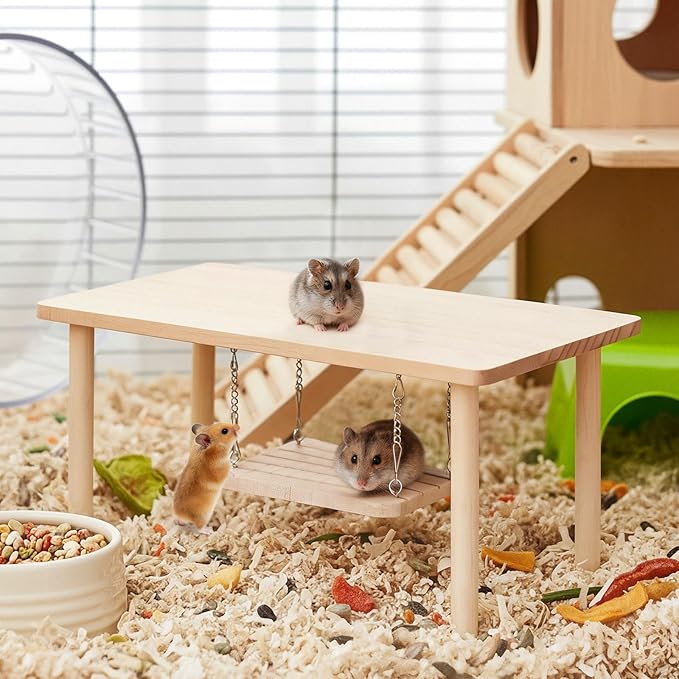 Large Natural Wooden Hamster Activity Platform with Hanging Swing, Multi-Layer Play Platform, Suitable for Climbing Toys for Small Animals Such as Dwarf Hamsters and Syrian Hamsters to Play with