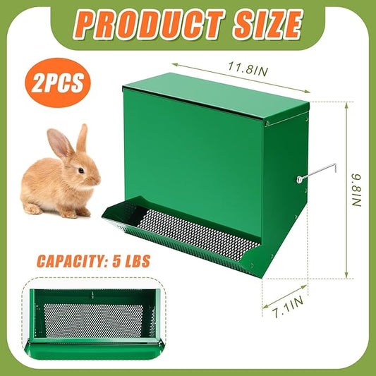 Maxcheck 2 Pcs Rabbit Feeder for Cages Small Animal Food Pellet Dispenser with Lid Metal Chicken Grit Oyster Shell Squirrel Feeders Outside(11.8 Inches,Mesh Bottom,Green)