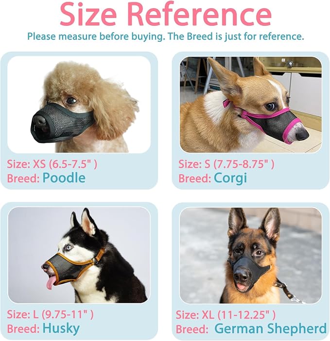 LUCKYPAW Dog Muzzle, Mesh Dog Muzzle for Large Medium Small Dogs, Soft Mouth Guard for Biting Chewing, Breathable Mouth Cover with Adjustable Strap for Training (Black, S(Snout:7.75"-8.75"))
