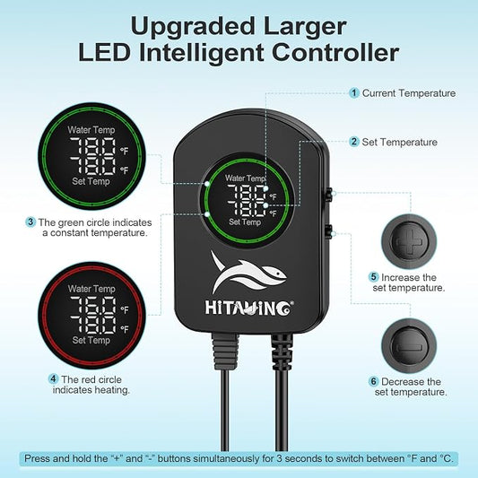 HiTauing Aquarium Heater, 100W/200W/300W/500W Fish Tank Heater with Upgraded LED Large Display, Up/Down Control Buttons and Intelligent Leaving Water Automatic Power-Off for Saltwater and Freshwater