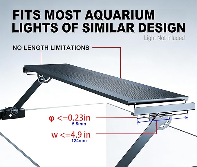 Metal Aquarium Light Riser & Holder - Adjustable Clamp Kit (2pcs), Max 0.9" Glass+Trim, Fits 4.9" Wide Lights on Lidless Tanks (Large)