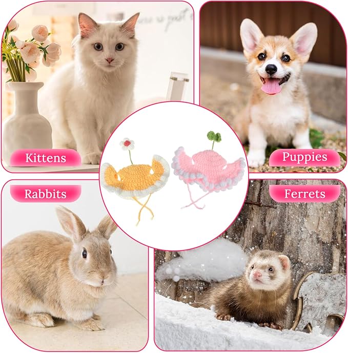 2PCS Cat Hats Cute Flower Crochet Hats for Cats Small Pets Birthday Party Christmas Halloween Easter Travel Accessories Puppy Hat (Pink, Yellow)