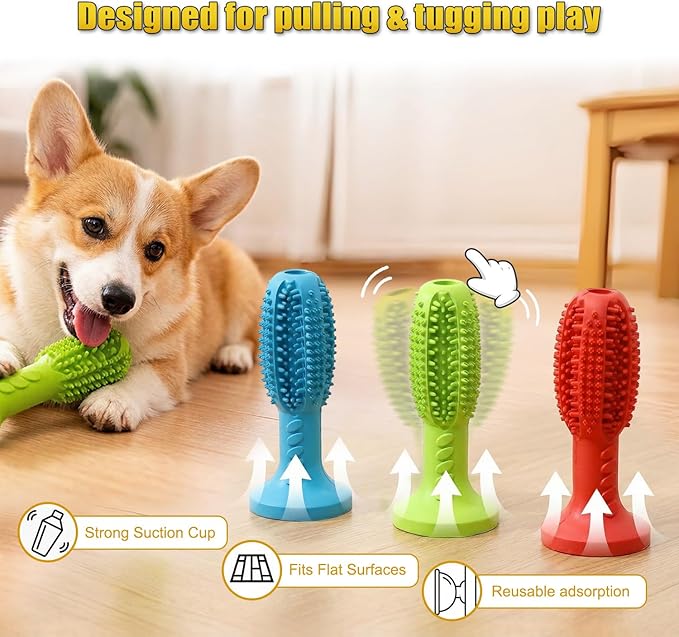 Dog Chew Toys, Interactive Suction Cup Toothbrush Chew Toy for Puppy Teething, Rubber Teeth Cleaning Stick with Treat Holder for Small and Medium Dogs (Green)