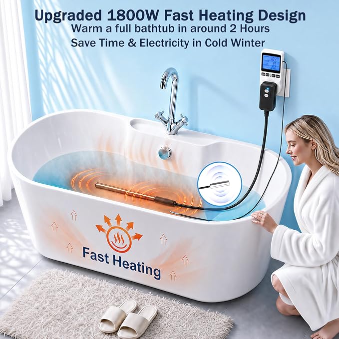 Xyloz 1800W Immersion Water Heater for Pool, Electric Fully Submersible Water Heater with Thermostat & GFCI, for Sink, Bathtub, Baptismal, Small Swimming Inflatable Pool, Hot Tub, Bucket Outdoor