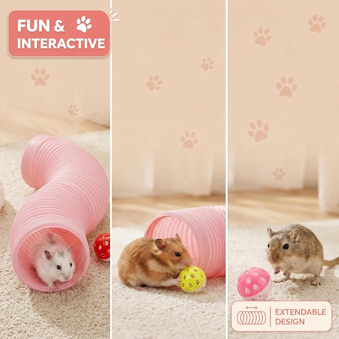 Hamster Collapsible Tunnel Tube Toys with 4 Bell Balls, Expandable Small Animal Hideout Exercise Toy 7.8inch Unextended 32.7inch Extended for Guinea Pig Gerbil Rat Ferret (Pink)