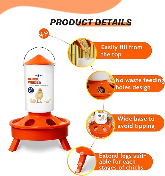 Eggluuz Chick Feeder and Waterer Kit, Top Fill 1.5kg Chick Feeder and 1.5L Chick Waterer with 3 Adjustable Heights