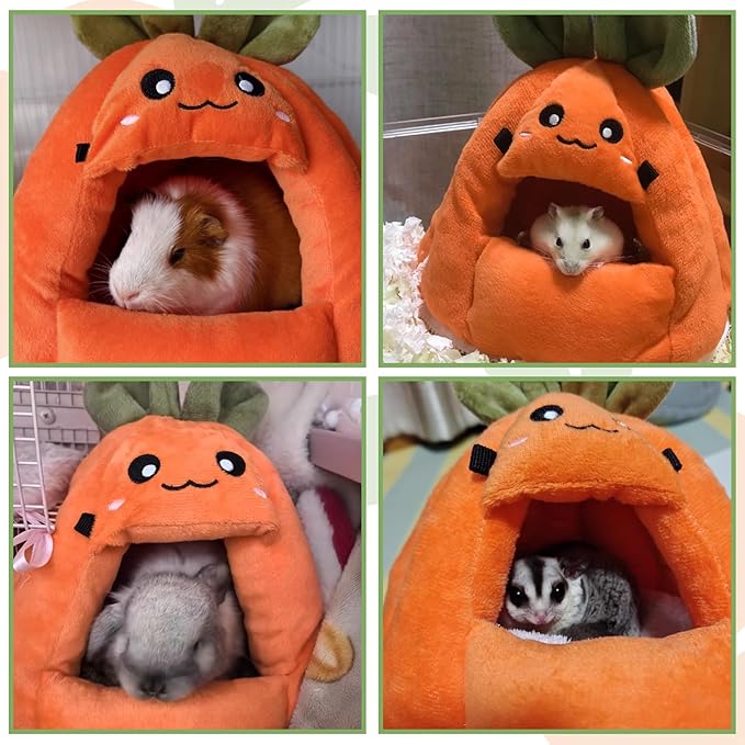 Guinea Pig Hideout, Cute Carrot Shape Bunny Bed with Warm Fleece Washable Hamster Bed Rat Cage Accessories Small Animal Houses for Dwarf Rabbit Chinchilla Hedgehog (M)