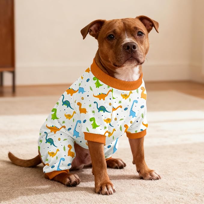 Dog Pajamas for Small Medium Dogs Recovery Suit Dog Pjs Dog Onesie Cute Soft Breathable Puppy Pajamas Pet Spring Summer Stretchy Pjs for Boy Girl - Orange Dinosaurs
