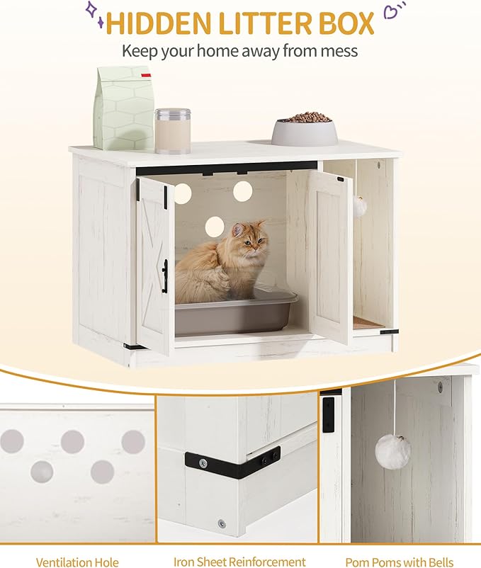 Hzuaneri Cat Litter Box Enclosure, Hidden Litter Box Cabinet Furniture with Bell, Indoor Cats House, Farmhouse Style, 31.5 x 19.7 x 20.9Inches, for Hallway, Bedroom, White CB82414B