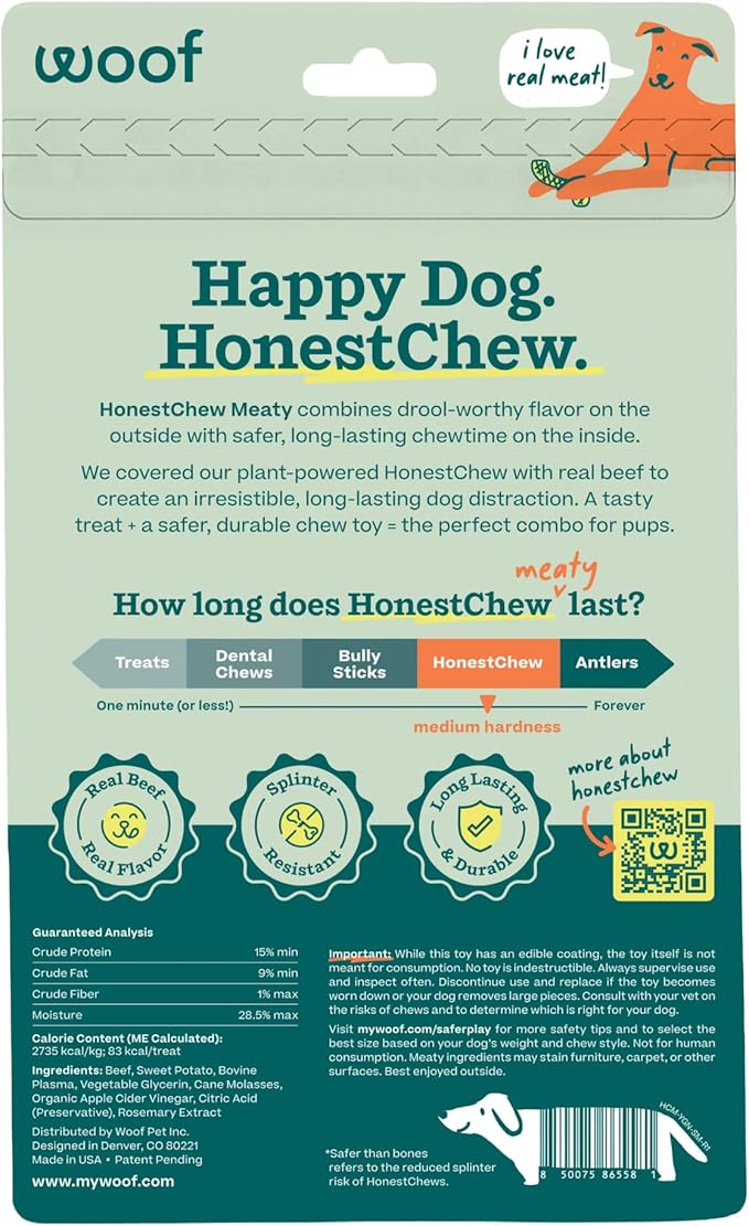WOOF HonestChew Meaty Dog Toy Y-Gnawt - Durable Dog Chews - Made with Real Beef and Natural, Plant-Based Ingredients - Splinter-Resistant - Safer Than Dog Bones - Small
