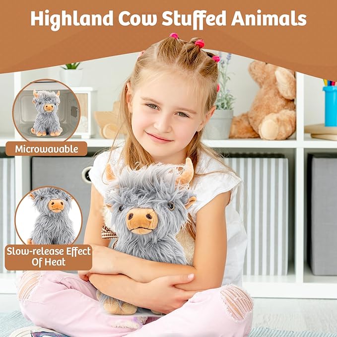 Marysun Highland Cow Stuffed Animal Toy, Gray Microwavable Highland Cow Gift for Girls and Kids, 9.8in, 1.65lb