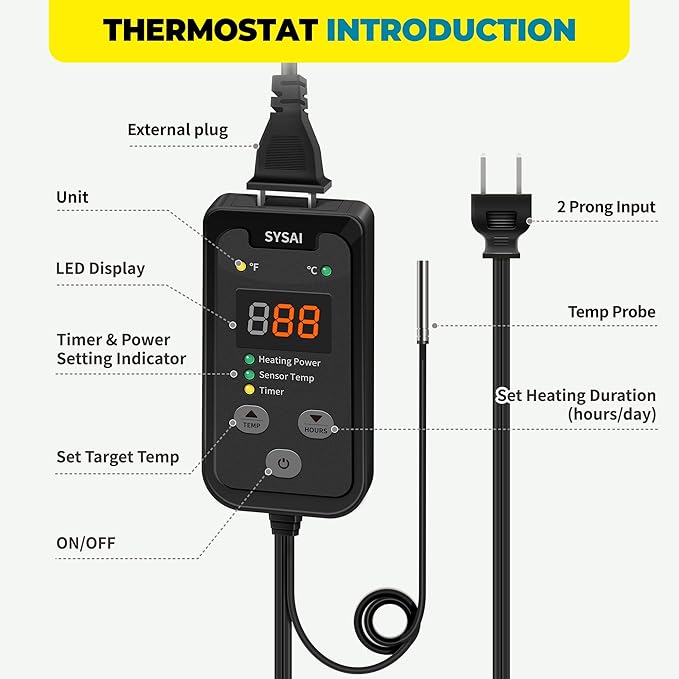 SYSAI Digital Thermostat Controller for Reptile Tank & Heat Mat, Seed Germination, Breeding & Home Brewing, 1A 100W, High Accuracy °F/°C Probe, 60-94°F