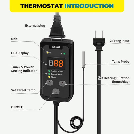 SYSAI Digital Thermostat Controller for Reptiles, Seed Germination, Breeding, Incubation and Small Greenhouse, 50-95°F, 1.5A 150W