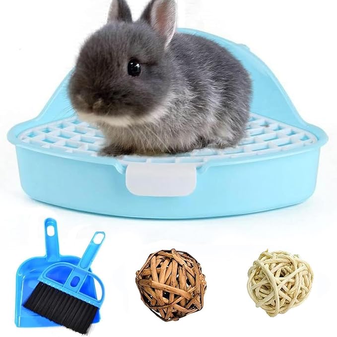 Hamiledyi Small Rabbit Litter Box for Cage Triangle Potty Trainer Corner Bunny Toilet Plastic Pet Pan Guinea Pig LitterBox for Dwarf Holland Lop Rodent (Blue)