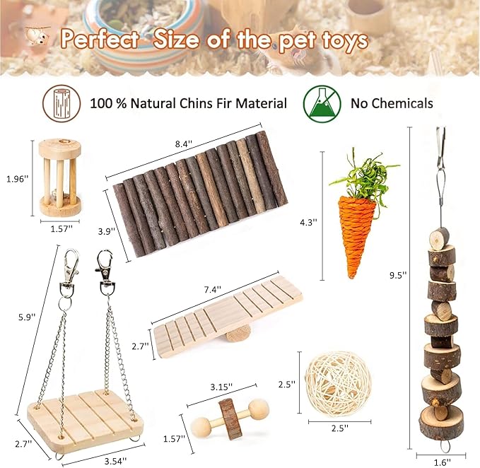 Hamster Chew Toys Set Small Animal Molar Toys Teeth Care Wooden Accessories for Guinea Pigs,Chinchillas,Gerbils,Mice,Rats,Mouse Rodents Toy Swing Seesaw Bridge (Wood)