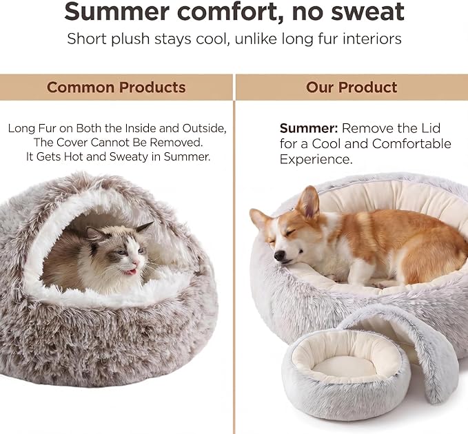 Hooded Dog Bed, Cat Cave Bed with Removable Hood, 2-in-1 Convertible Donut Cat Bed, All Season Fluffy Pet Bed for Cats Small Dogs (Cave Bed - Coffee Color, Medium 19.7 Inches)