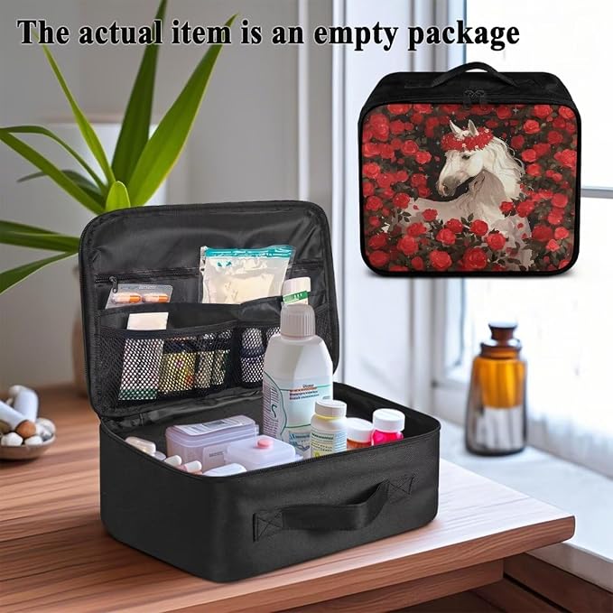 Rnyleeg First Aid Kit Empty Red Rose Horse Emergency Medical Kit with Zipper Large Capacity Medical Bag for Home, Travel, Outdoor, Boat, Camping, Hiking
