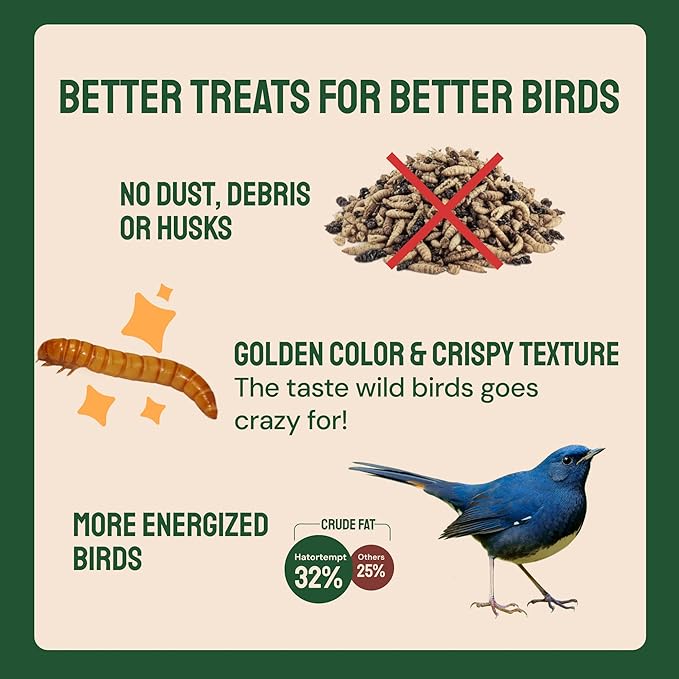 Hatortempt Dried Mealworms for Wild Birds - 1.8 Lb Bag - Non-GMO Bluebird Food - High-Protein Meal Worms for Blue Birds, Robins and Chickadees