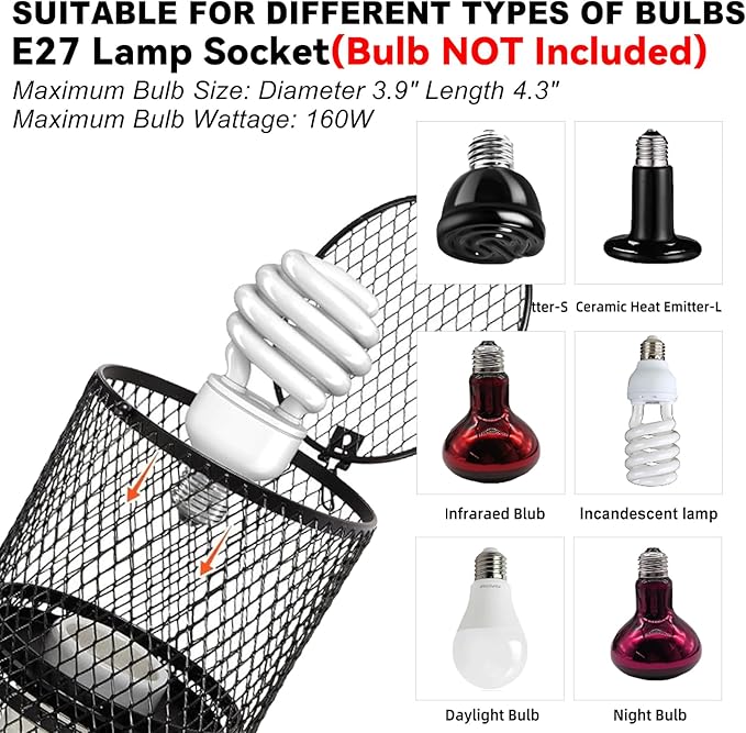kathson Retractable Reptile Heat Lamp Guard,Reptile Anti-Scald Mesh Cage Protection Lampshades with Thermometers,Ceramic Heat Emitter Lamp Fixture Holder for Snake Lizard Turtle Frog,Without Bulb