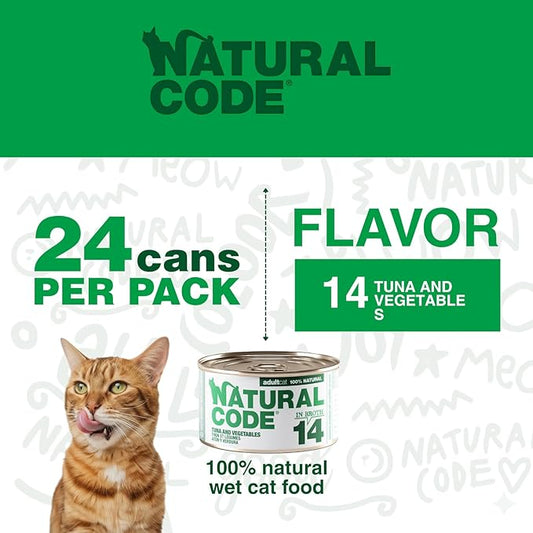Natural Code - 24 Pack Wet Cat Food, Limited Ingredient Cat Food, High-Protein, Non-GMO, No Artificial Additives, Made in Italy, Tuna and Vegetables in Broth for Adult Cats, 3 oz