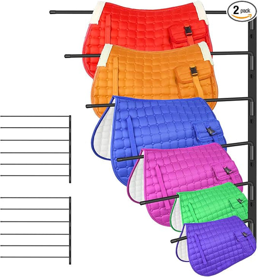 2 Pcs Saddle Pad Rack, Heavy Duty 180 Degree Swing Wall Mounted Horse Blanket Holder with 6 Well-Spaced Extra-Long Arms, Horse Saddle Stand for Various Accessories