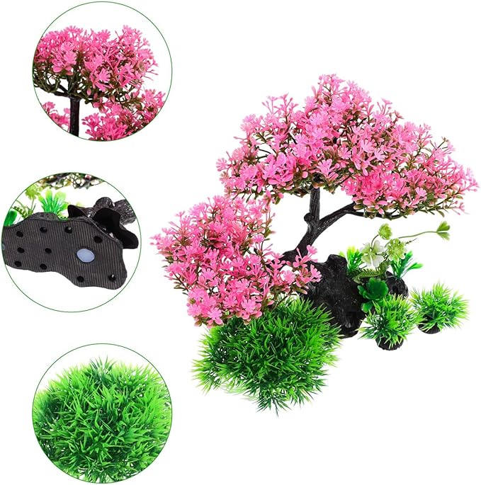 Aquarium Decor Artificial Plants Tree Set: 11.4 Inch Plastic Plants for 10-50 Gallon Fish Tank Decoration Pink Simulation Aquarium Tree Betta Fish Bowl Ornaments Home Office Decor