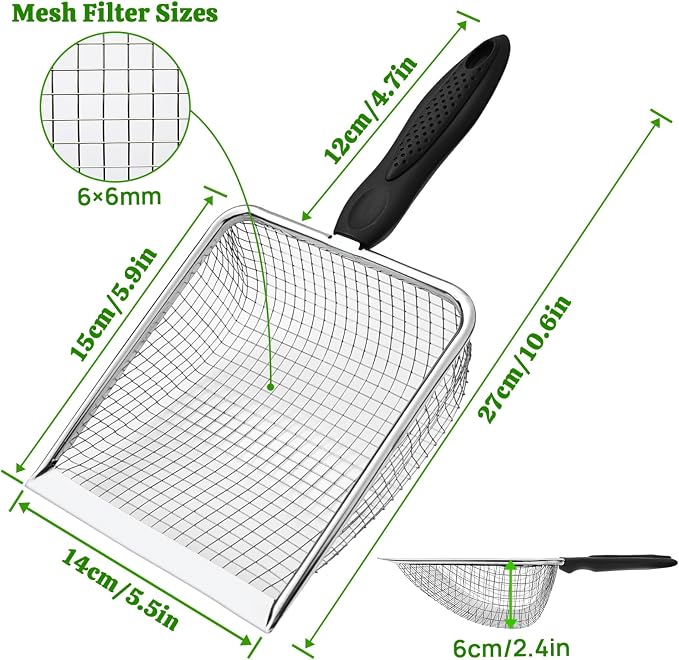 Widened Metal Cat Litter Scoop, Cat Scooper for Litter Box, Stainless Steel Pellet Kitty Litter Scoop, Cat Litter Scooper with Sticky Hang Hook for Easy Storage, Quickly Filter Litter Lumps(6mm Mesh)
