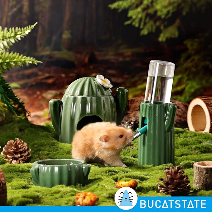BUCATSTATE Cactus Ceramic Leakproof Hamster Water Bottle Gerbils Water Bottles with Holder Water Feeder for Small Animals (Green)