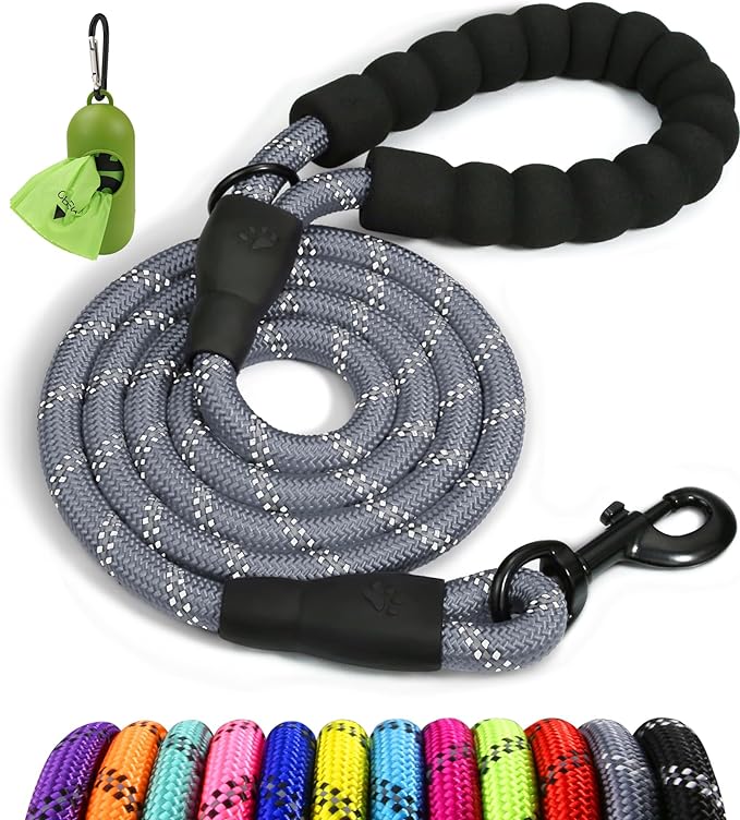 Taglory Rope Dog Leash 5 FT with Comfortable Padded Handle, Highly Reflective Threads Leash and Anti-Tangle Clip for Walking Small Dogs, 3/8 inch, Grey