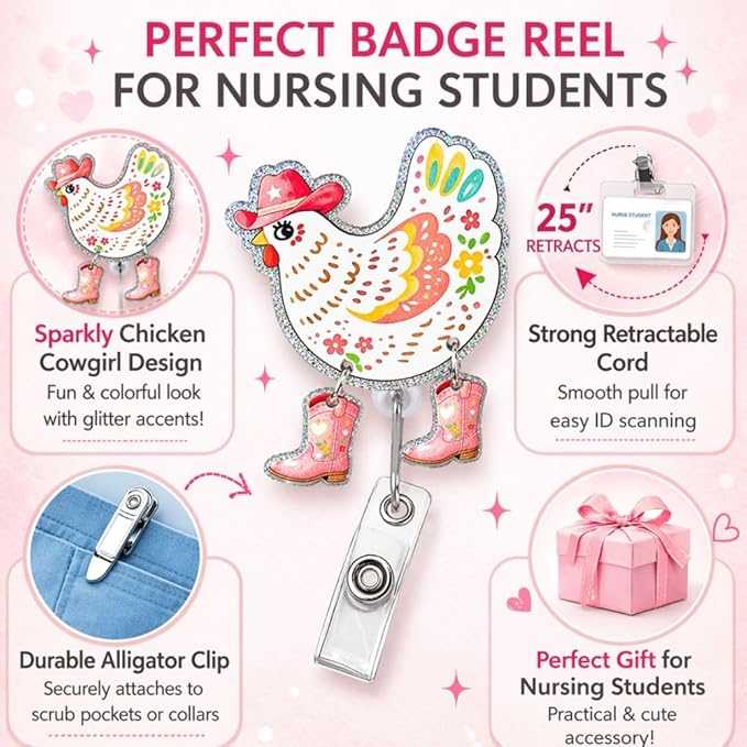 Chicken Cowgirl Badge Reel Lanyard Country Western Funny Nurse Medical Retractable Holder Alligator Swivel ID Card Name Tag Rodeo Farm Bling Vet Tech Decorative Clip Cute Accessories Gift Women