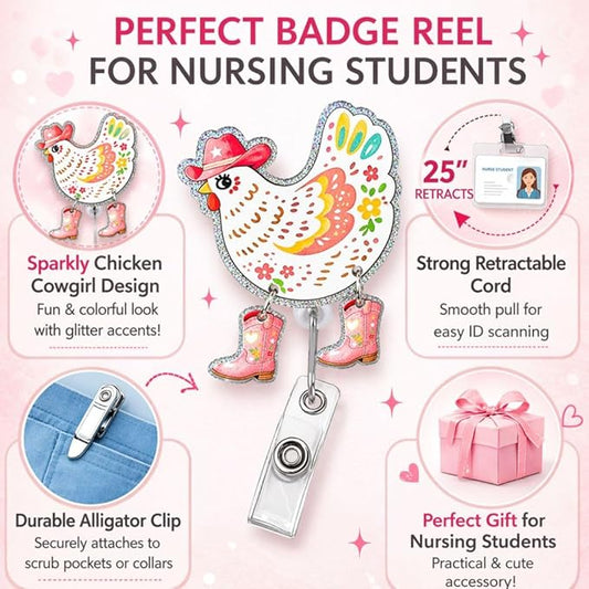 Chicken Cowgirl Badge Reel Lanyard Country Western Funny Nurse Medical Retractable Holder Alligator Swivel ID Card Name Tag Rodeo Farm Bling Vet Tech Decorative Clip Cute Accessories Gift Women