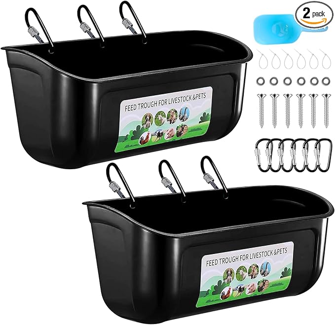 2 Pack Large Goat Feeder, Duck Chicken Feeder Waterer, Hanging Fence Feed Trough with Clips for Goat, Sheeple, Piglet, Gooses, Turkeys, Dog Livestock Poultry, Feed Scoop Included, Black