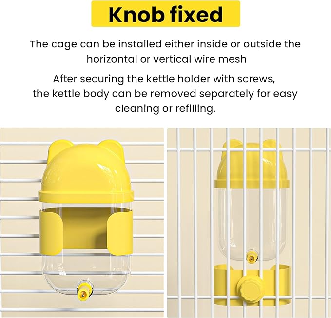 11 Fl Oz No Mess Hanging Water Dispenser,Leak-Proof Automatic Bird Water Feeder,Small Animal Water Bottle for Guinea Pigs,Chinchillas,Ferrets,Parrots,Squirrels,Rats,Bunnies (Yellow)