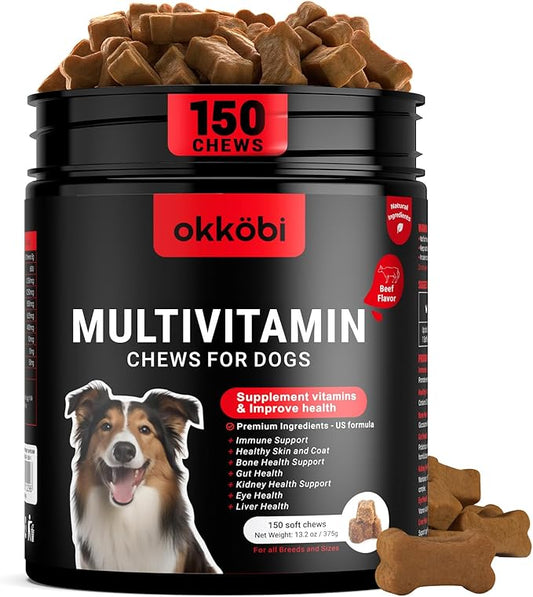 Dog Vitamins and Supplements - 150 Dog Multivitamin Chewable - Immune, Joint Support, Skin, Gut Health + Packed with Omega 3s, Glucosamine & Probiotics - Safe for Puppy - Beef
