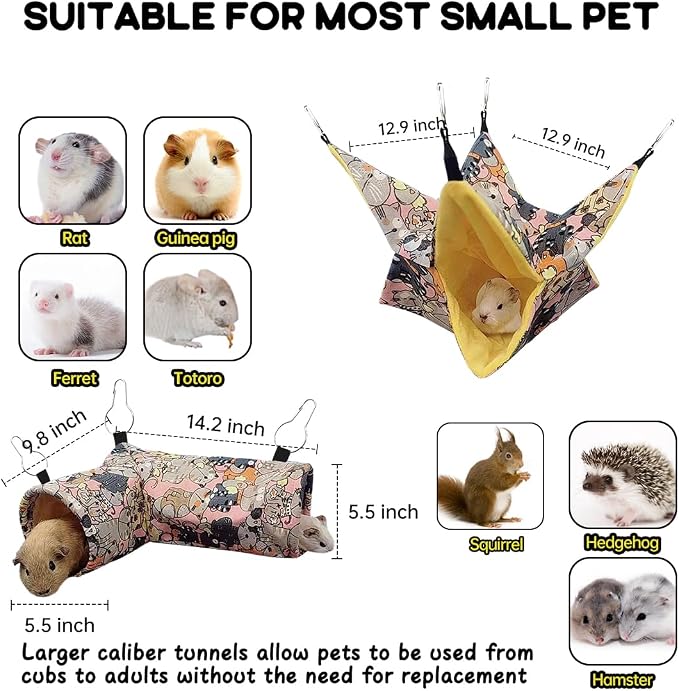 Guinea Pig Rat Tunnel Ferret Hammock, Small Animal Corner Tunnel & Tubes & Bed for Hedgehog Piggy Chinchilla Hideout Toys and Cage Accessories (Pink Cat)