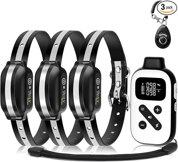 PetJoy 3 Dog Shock Collar for Large Dogs, Automatic Bark Collar with Remote, Bark and Training Collar Combo, Shock Collar with 5 Adjustable Levels of Sensitivity