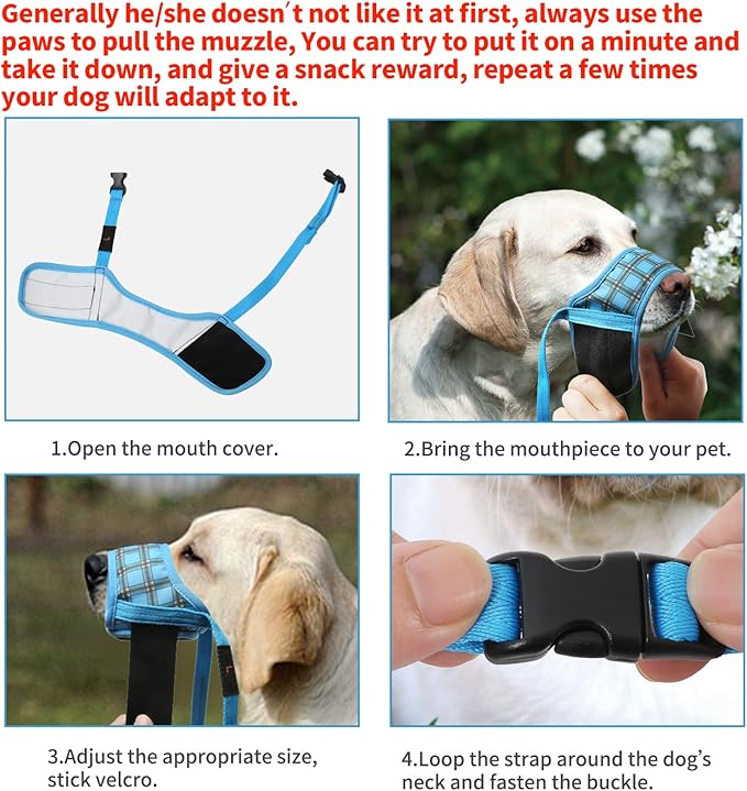 HEELE Dog Muzzle,Soft Nylon Muzzle Anti Biting Barking Chewing,Air Mesh Breathable Drinkable Adjustable Loop Pets Muzzle for Small Medium Large Dogs 4 Colors 4 Sizes (P-Blue Plaid, XS)