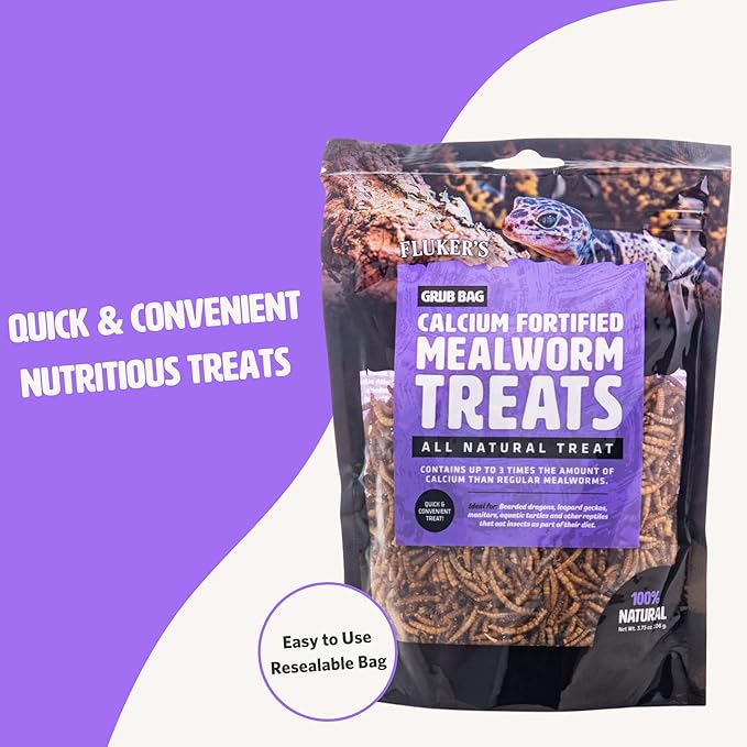 Fluker’s Grub Bag All Natural Calcium Fortified Mealworm Treats, Packed with Protein, Rich in Nutrients, A Reptile Favorite, 3 oz