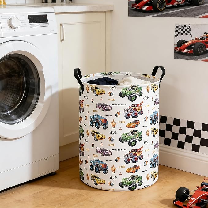 Monster Truck Laundry Hamper Storage Basket, Nursery Hamper Canvas Laundry Basket Foldable with Waterproof PE Coating for Kids, Office, Bedroom, Clothes,Toys(Monster Truck)