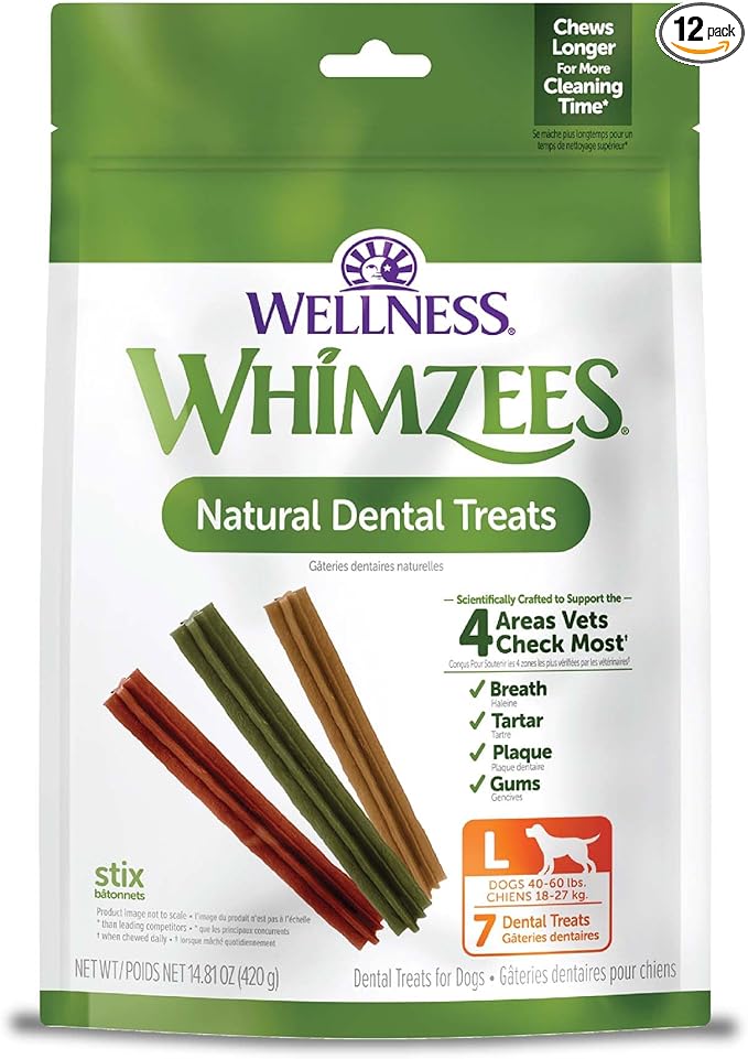 Whimzees Wellness Stix Dog Dental Treat, Chews, Freshens Breath, Large Size Sticks, 14.81 oz Bag, 7 Count