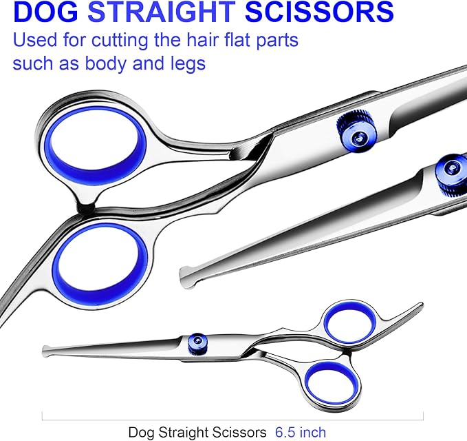 Dog Grooming Scissors Kit, Premium Stainless Steel Dog Shears with Curved Shears, Sharp Durable for Dogs Cats+Blue 4 Piece
