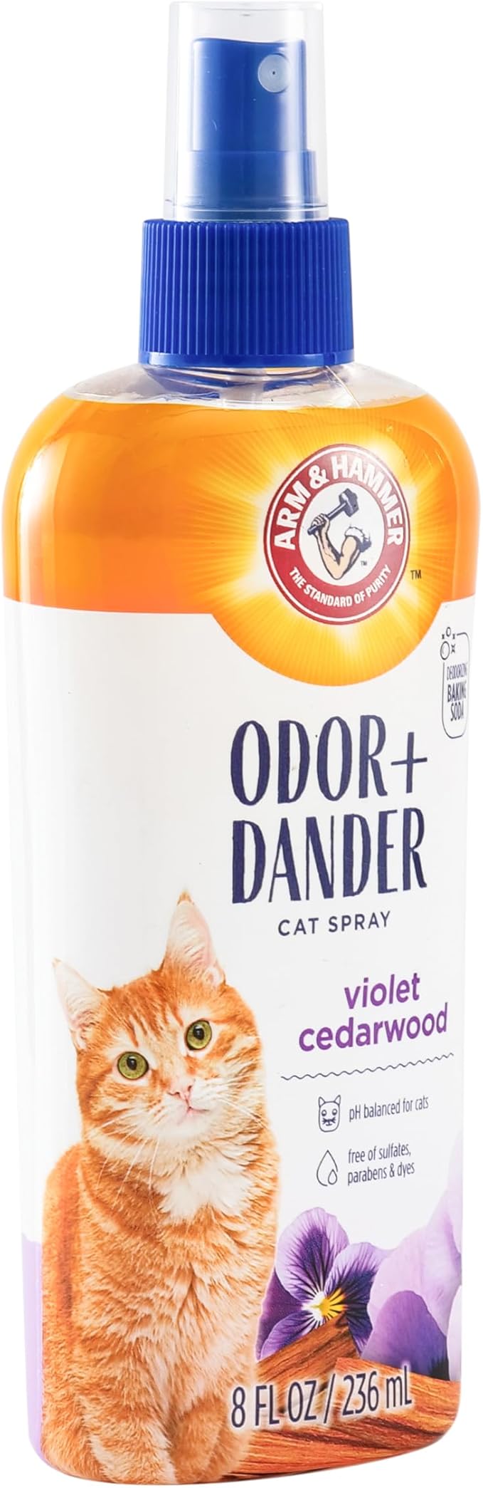 Arm & Hammer Cat Odor Control and Dander Reducing Spray with Baking Soda, Freshens and Deodorizes Cat Coat Between Baths, Paraben Free, Violet Cedarwood Scent, 8 Fl Oz