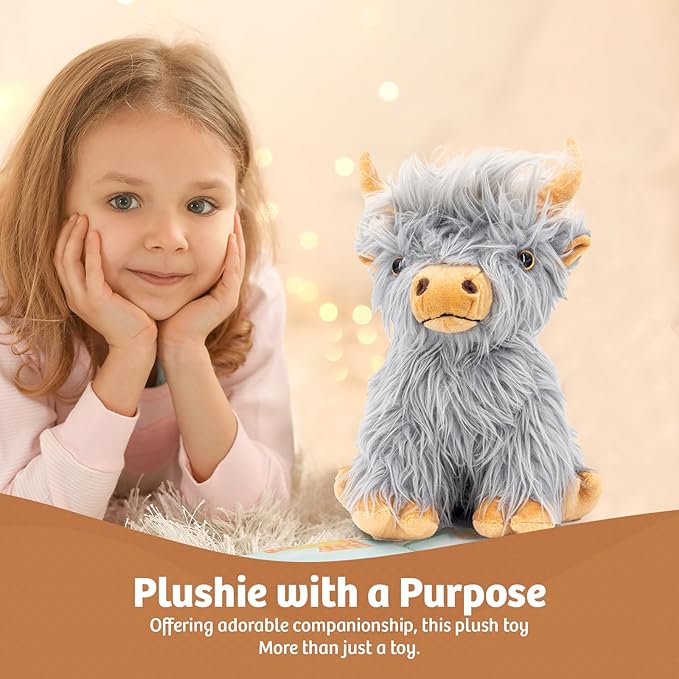 Marysun Highland Cow Stuffed Animal Toy Non-Microwavable Gray Stuffed Animal Gift for Girls and Kids, 9.8in, 0.5lb