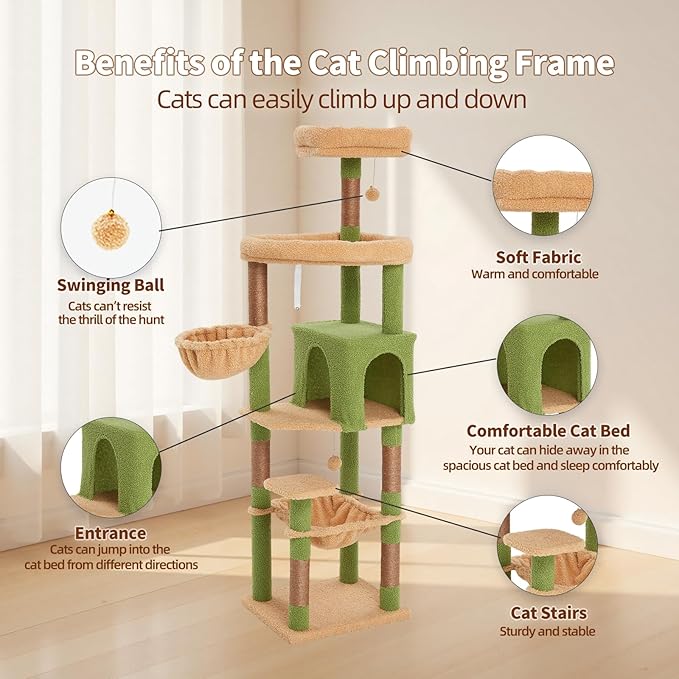 67-Inch Cat Tree with Bed, Hammock, Observation Deck, Plush Platform & Toy Ball for Indoor Cats (Green + Yellow)