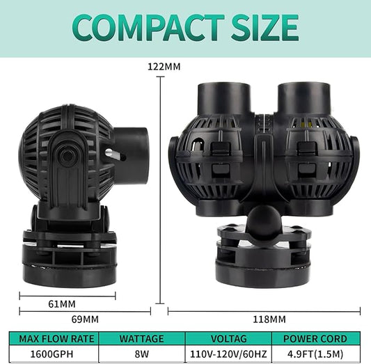FREESEA Aquarium Circulation Pump Wave Maker Power Head with Magnetic Mount Suction for 20-75 Gallon Saltwater Freshwater Tank (1600 GPH, Black)