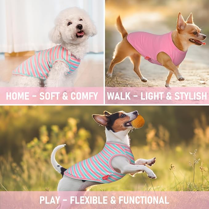 KYEESE 2Pack Dog Shirt, Soft Striped Dogs T Shirts, Lightweight Pet Tank Top, Sleeveless Dog Shirt for Small Dogs, Stretchy Comfortable Pet Vest, Pink, Large