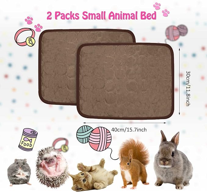 2PCS Summer Cooling Mat for Rabbit, Washable Bunny Bed, Rabbit Bed Mat, Guinea Pig Cage Liner Hamster Pad, Fleece Sleep Pad for Squirrel, Hedgehog, Chinchilla, Small Animals, Brown(2p)