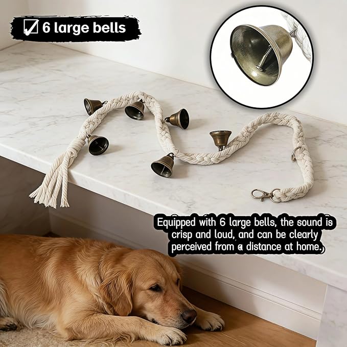 Dog Doorbell for Potty Training with 6 Extra Loud Bells - Handmade Cotton Rope Adjustable Hanging Pet Bell, Indoor/Outdoor Use for Small Medium Large Dogs (Beige/Bronze Tone)