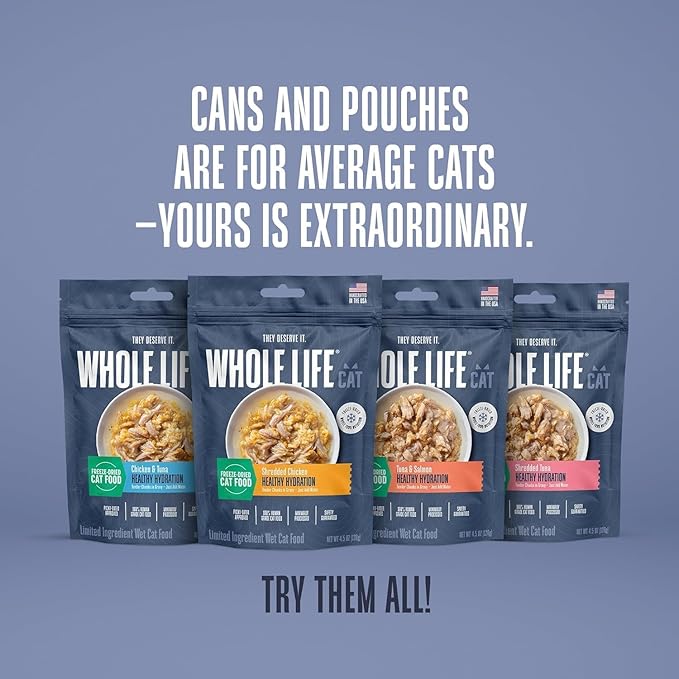 Whole Life Cat Freeze Dried Cat Food - Human-Grade Wet Food Toppers, Snacks & Lickable Treats, Instantly Hydrating Natural Broth Just Add Water - Salmon & Tuna, 4.5 Oz